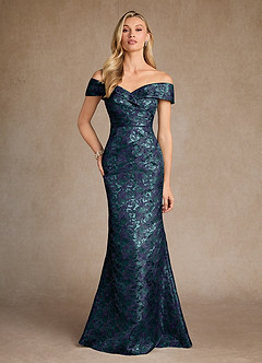 Azazie Canton Dark Navy Mermaid Off the Shoulder Jacquard Dress