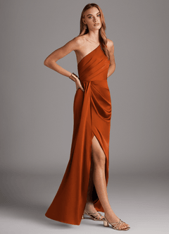 Azazie Mika Vestidos de damas de honor Vestido de Naranja Quemada de Satén Elástico de Corte Recto con Hombro unilateral image4