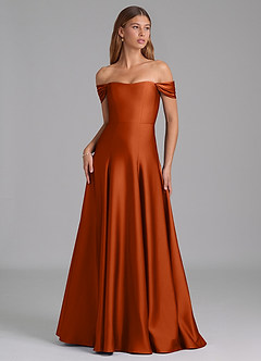 Azazie Seriana Robes de demoiselle d'honneur Robe Trapèze Convertible en Satin extensible Épaule décolletée Orange Brûlée image1