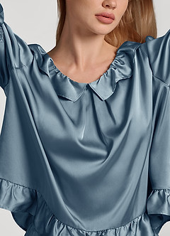 front Ruffled Short Sleeve Satin Pajama Set