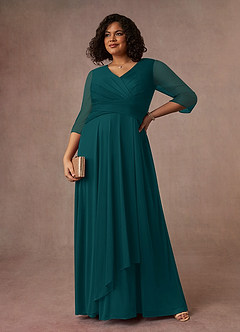 Azazie Annetta Mother of the Bride Dresses Peacock A-Line V-Neck Pleated Mesh Dress image7