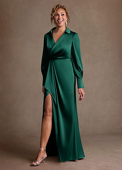 Azazie Jacinta Mother of the Bride Dresses Emerald Sheath Pleated Stretch Satin Dress image2