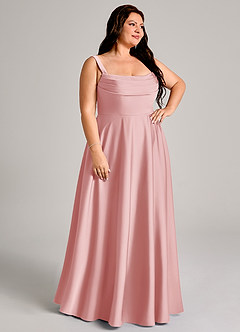 Azazie Shaude Bridesmaid Dresses Powder Pink A-Line Pleated Stretch Satin Dress image10