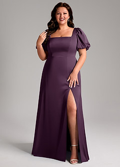 Azazie Fyona Bridesmaid Dresses Plum A-Line Pleated Stretch Satin Dress image1