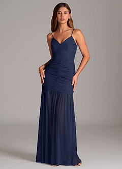 Azazie Aimie Jurken voor bruidsmeisjes Jurk van Mesh met Zeemeermin Donkere Marine image1