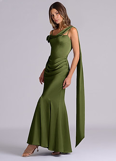Azazie Inara Bridesmaid Dresses Olive Mermaid Pleated Stretch Satin Dress image3