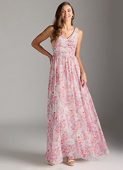 Azazie Keyla Bridesmaid Dresses Abstract Watercolor Floral A-Line V-Neck Pleated Chiffon Dress image4