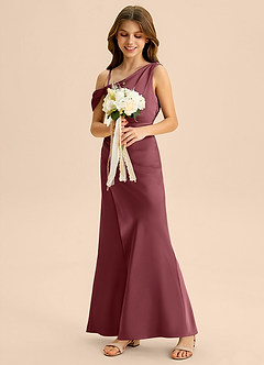 Azazie Madelyn Junior Osłona Zza ramienia Satyna elastyczna Długość podłogi Młodsza druhna Sukienka image5