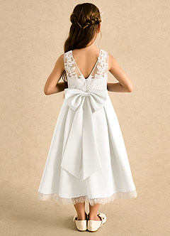 Azazie Amari Flower Girl Dresses Ivory A-Line Lace Matte Satin Dress image1