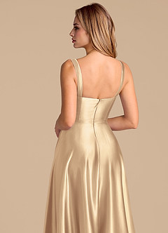 Azazie Shaude 신부 들러리 드레스 A라인 주름진 메탈릭 새틴 바닥 길이 드레스 image7