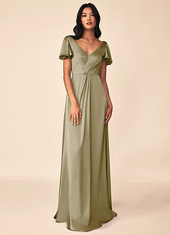 Azazie Soren Bridesmaid Dresses Moss Green A-Line Pleated Stretch Satin Dress image4