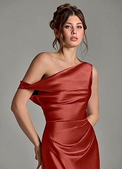 Azazie Emerson Bridesmaid Dresses Rust Mermaid Off the Shoulder Metallic Satin Dress image7