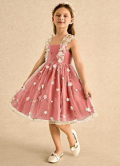 Azazie Krissie Flower Girl Dresses Salmon Pink A-Line Ruched Tulle Dress image5