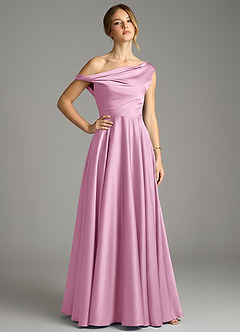 Azazie Xanthe Bridesmaid Dresses Candy Pink A-Line Off the Shoulder Stretch Satin Dress image1