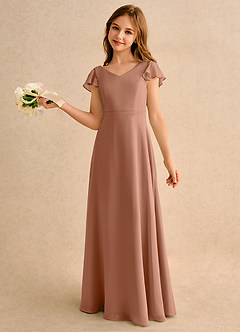 Azazie Nari Girls Formal Robe Demoiselle D'honneur Fillette Robe Trapèze en Mousseline de soie avec manches Bronze image1