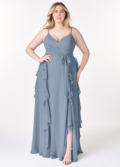 Azazie Peyton Robes de demoiselle d'honneur Robe Trapèze en Mousseline de soie Rayé Bleu Poussiéreux image7