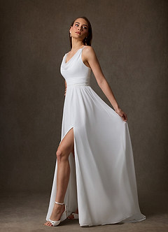 Azazie Neema At-home Try On Dresses Diamond White A-Line Side Slit Chiffon Dress image6