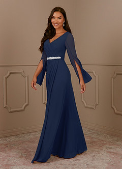 Azazie Belinda Mother of the Bride Dresses Dark Navy A-Line V-Neck Pleated Chiffon Dress image3