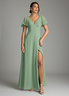 Azazie Kimber Bridesmaid Dresses Matcha A-Line Flounce Sleeve Chiffon Dress image2