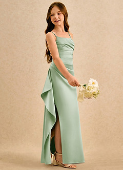 Azazie Cannoli Girls Formal Sukienki dla dziewczynek sypiących kwiaty Linia A Pofałdowany Matowy satynowy Długość podłogi Sukienka image4