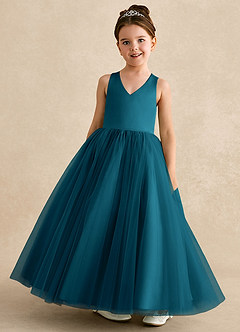 Azazie Peanut Robe Demoiselle D'honneur Fillette Robe Trapèze en Tulle Bretelle Bleu Encre image4