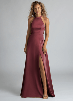 Azazie Clarice Bridesmaid Dresses Merlot A-Line High Neck Stretch Satin Dress image4