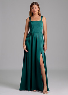 Azazie Rosaline Bridesmaid Dresses Peacock A-Line Side Slit Stretch Satin Dress image3