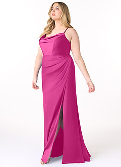 Azazie Marzia Bridesmaid Dresses Fuchsia Sheath Cowl Pleated Stretch Satin Dress image9