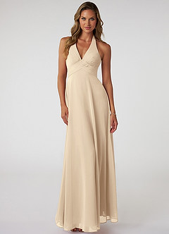 Azazie Tessie Bridesmaid Dresses Champagne A-Line V-Neck Pleated Chiffon Dress image1
