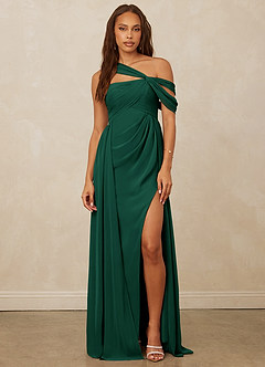 Christian Siriano Bridal for Azazie 1014 Bridesmaid Dresses Emerald A-Line Off the Shoulder Chiffon Dress image4