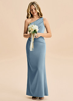 Azazie Akilah Junior Robe Fourreau en Satin extensible Plissée Bleu Poussiéreux image4