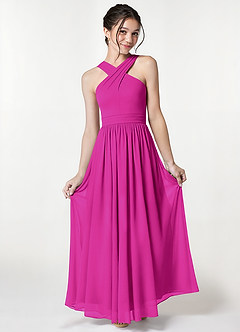 Azazie Jiya Junior Fuchsia A-Line Pleated Mesh Dress image1