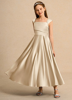 Azazie Bundle Girls Formal Flower Girl Dresses Champagne A-Line Pleated Matte Satin Dress image6