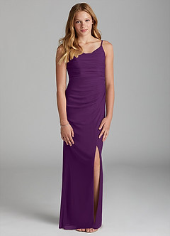 Azazie Deandra Junior Grape Sheath Mesh Dress image1