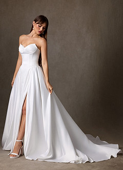 Azazie Constantina 웨딩드레스 A라인 스트랩리스 새틴 채플 트레인 드레스 image3