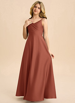 Azazie Bug Junior Robe Trapèze en Satin extensible Plissée Auburn image3