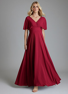 Azazie Pamela Vestidos de damas de honor Vestido de Borgoña de Gasa de Corte en A con Cuello en V plisado image1