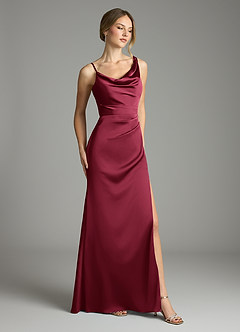 Azazie Samara At-home Try On Dresses Burgundy Mermaid Pleated Stretch Satin Dress image4