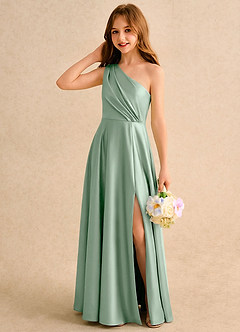 Azazie Puddles Girls Formal Abiti da Ragazza di Fiori Abito A-Line in Raso Elasticizzato Monospalla Agave image3