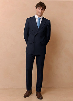 front Collins Navy Blue Double Breasted Wool Blend Suit