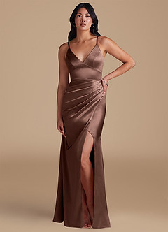 Azazie Shania At-home Try On Dresses Auburn Sheath Pleated Metallic Satin Dress image5