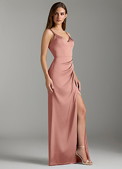 Azazie Leo Bridesmaid Dresses Rosette Sheath Pleated Stretch Satin Dress image3