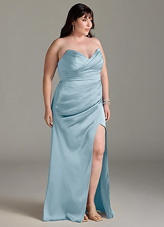 Azazie Yola Vestidos de madrinha de casamento Vestido Azul Temperamental de Cetim elástico de Bainha com Decote em V Plissado image12