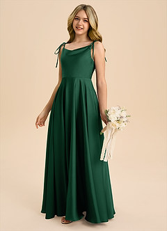 Azazie Popsy Junior Dark Green A-Line Bow Stretch Satin Dress image7