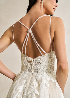 Azazie Lorenza Wedding Dresses Diamond White Champagne A-Line V-Neck Sequins Tulle Dress image9