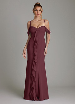 Azazie Karmela Bridesmaid Dresses Cabernet A-Line Off the Shoulder Chiffon Dress image4