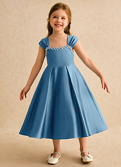 Azazie Yosemite Jurken voor bloemenmeisjes Baljurk Jurk van Mat Satijn Sweetheart Halslijn Staal Blauw image3