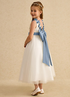 Azazie Lilli Flower Girl Dresses Ivory Dusty Blue A-Line Bow Tulle Dress image4