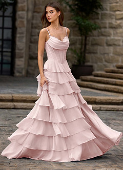 Floralace Rosa Empolvado Vestido de fiesta de corte A con volantes image5