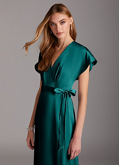 Azazie Nico Bridesmaid Dresses Peacock A-Line V-Neck Stretch Satin Dress image6